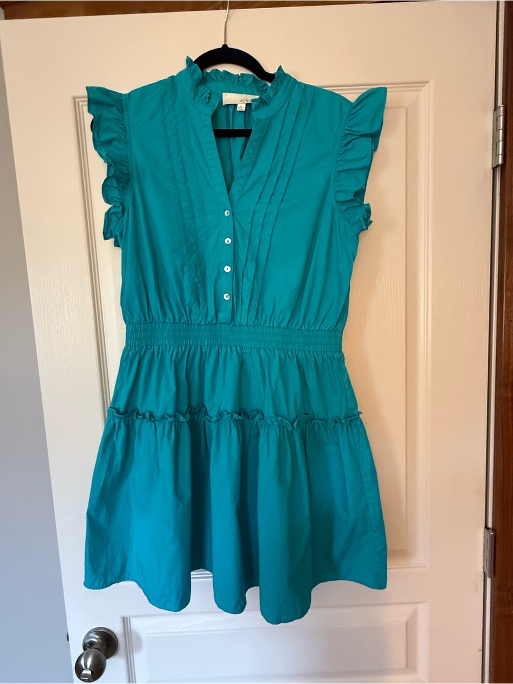 Pinch Teal Pintuck Ruffle Neck Blouse